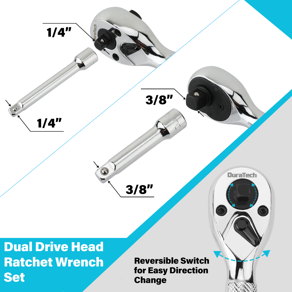 DURATECH 3/8" & 1/4” Dual Head Socket Wrench with 2 Extension Bars