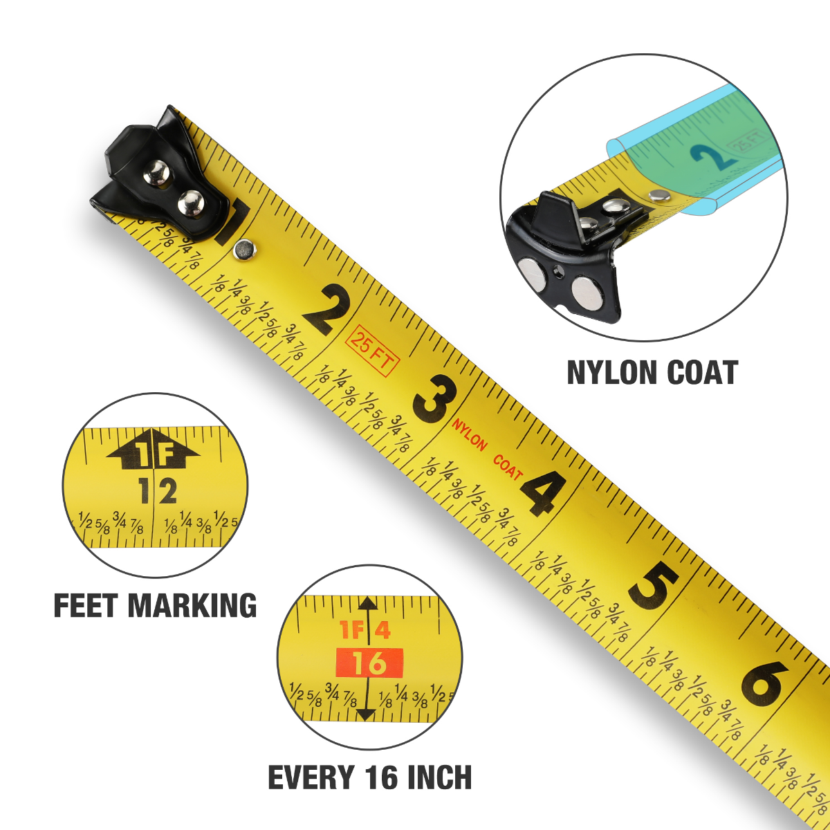DuraTech Magnetic Tape Measure 25ft with Fractions 1/8, Retractable Measuring Tape, Easy to Read Both Side Measurement Tape, Magnetic Hook and Shock